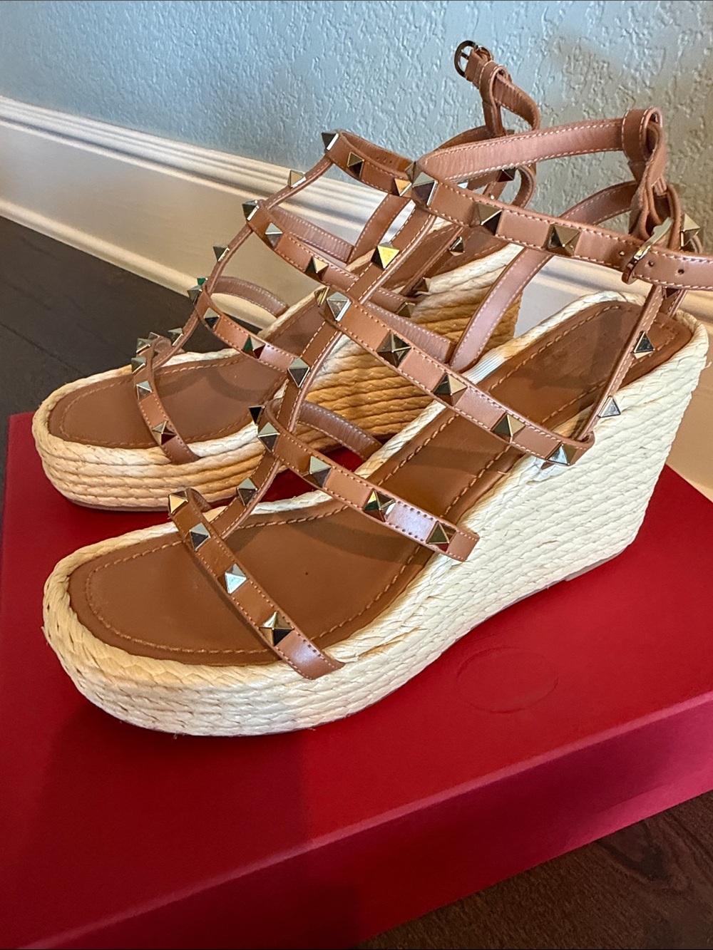 Valentino Garavani Rockstud Espadrille Wedge Sandals in Almond - Picture 3 of 10
